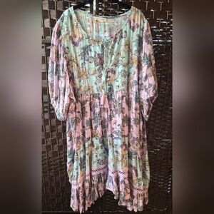 Floral Midi Dress / Tunic in Soft Pink and Teal Plus Size